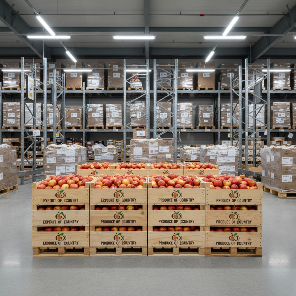 A structured warehouse interior with neatly stacked wooden crates labeled for export, each filled with flawless, clean apples and nectarines. The crates rest on polished concrete flooring, bordered by organized shelving in neutral greys. Overhead, crisp white industrial lighting casts even, soft illumination, gently emphasizing the smooth surfaces of the produce and the orderliness of the space. The atmosphere is efficient and calm, highlighting professionalism and precision. Captured from eye-level with a slightly wide-angle lens, utilizing the rule of thirds to balance space and subject, the composition underscores strength and corporate reliability, matching a photographic realism style suited for a leading export intermediary.