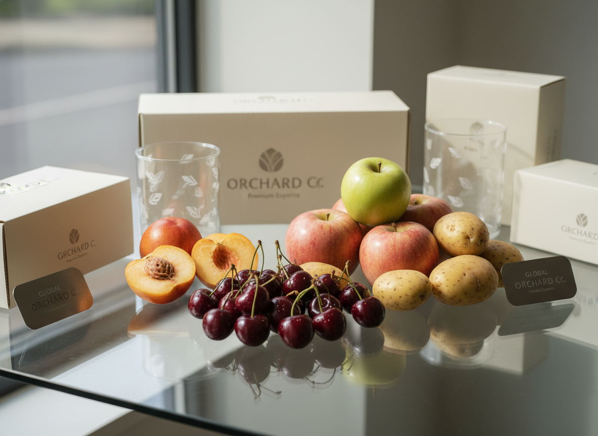 A meticulously arranged display of pristine, dew-fresh cherries, nectarines, apples, and potatoes, each fruit and vegetable showcased in perfect condition with natural gloss on their skins. Set upon a crisp, neutral-toned glass surface, the arrangement is surrounded by smooth, minimalist packaging elements and elegant signage featuring subtle corporate branding. Soft daylight from a nearby expansive window bathes the scene, producing graceful highlights and shadow play that accentuate textures. The mood is professional and welcoming, evoking reliability and care. Photographed from a slightly elevated, three-quarters angle with a balanced composition and sharp focus, the image reflects photographic realism and a clean, modern corporate aesthetic, emphasizing quality and freshness in global fruit and vegetable export.